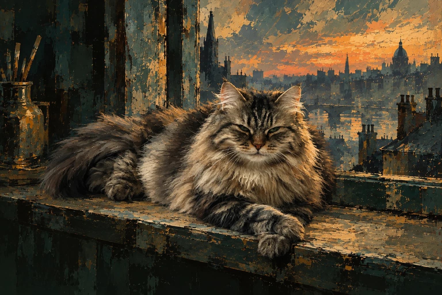 A painting of Hazel, my fluffy tabby cat, resting with crossed paws on a studio windowsill overlooking the city at dusk
